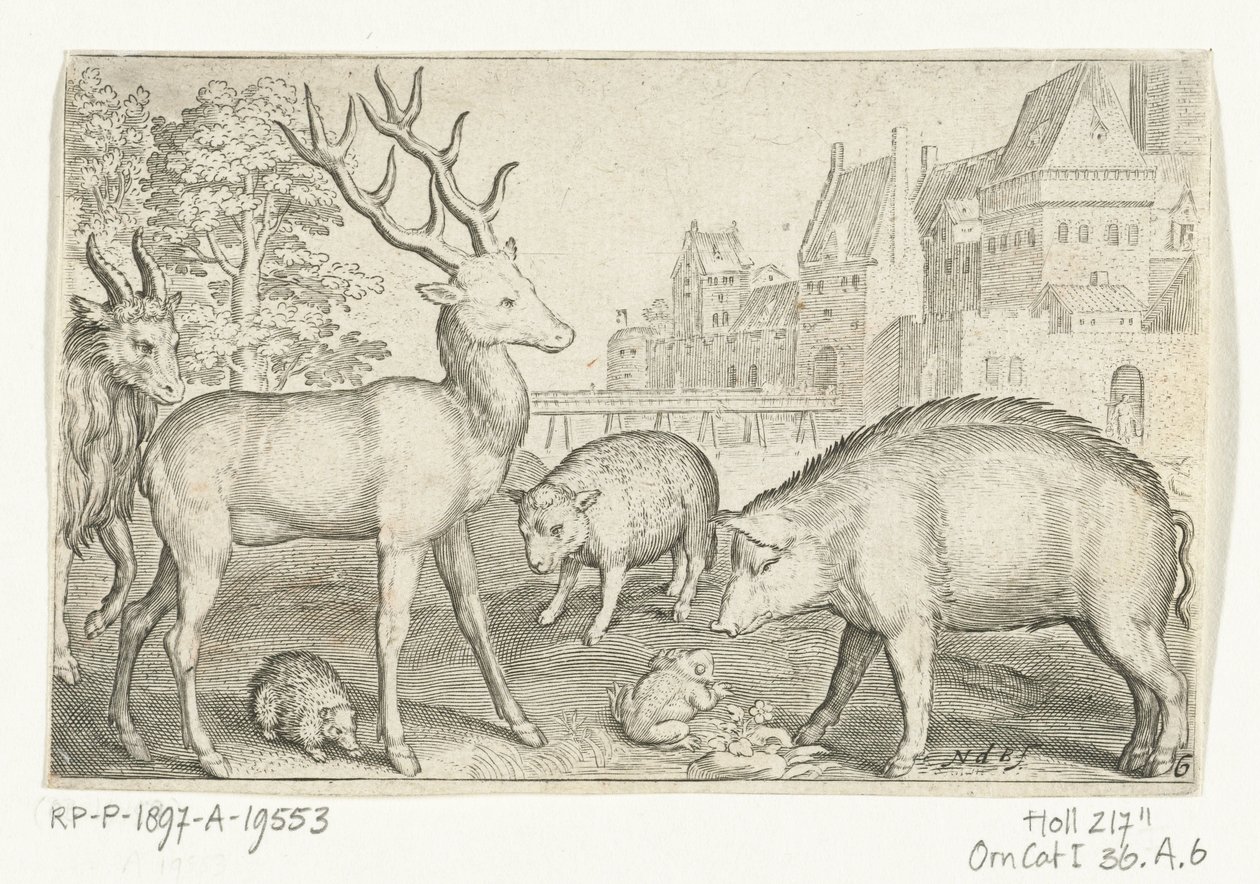 Jelen, ježek, ovce, žába a prase Animalivm qvadrvpedvm (název série) Zvířata v krajině (název série) od Nicolaes de Bruyn