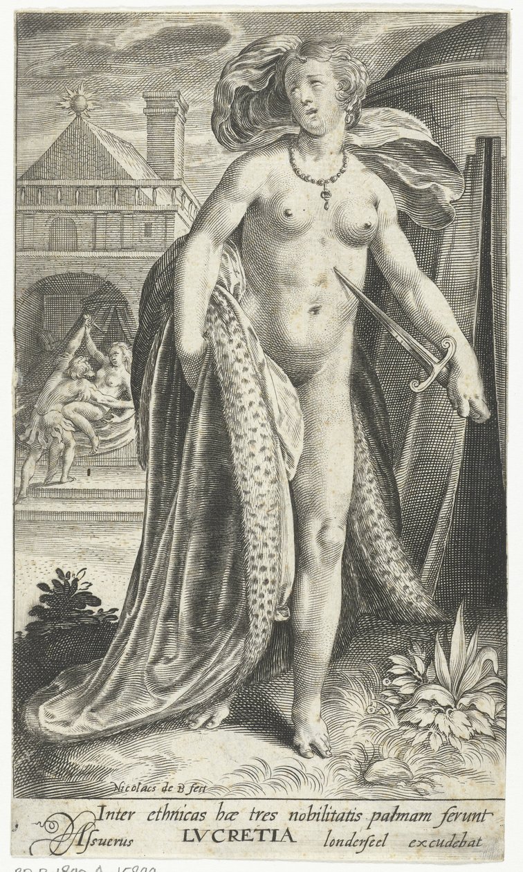 Lucretia potkala dolk tegen haar borst Mezi etnickými skupinami tyto tři nesou palmu šlechty, Lucretia (titul na předmětu) od Nicolaes de Bruyn