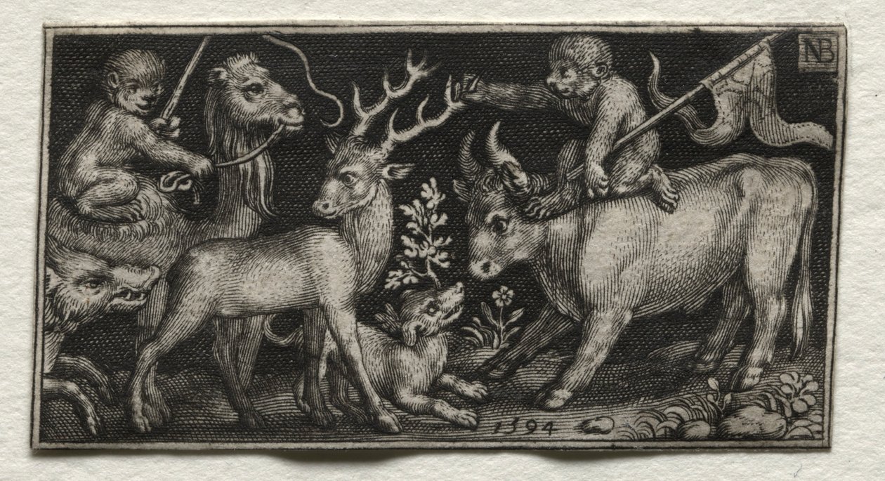 Opice na velbloudovi a býkovi, 1594. od Nicolaes de Bruyn