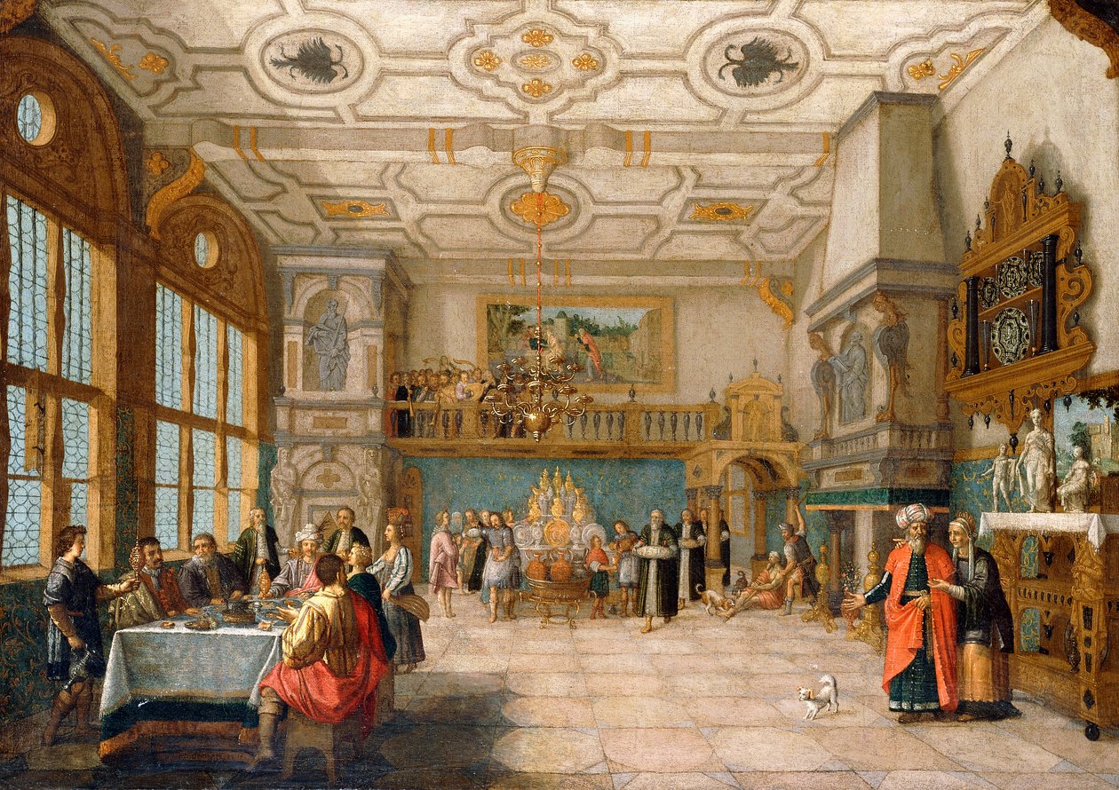 Lazarus u dveří hodovní síně s elegantními postavami stolujícími, 1622 od Nicolaes de Gyselaer