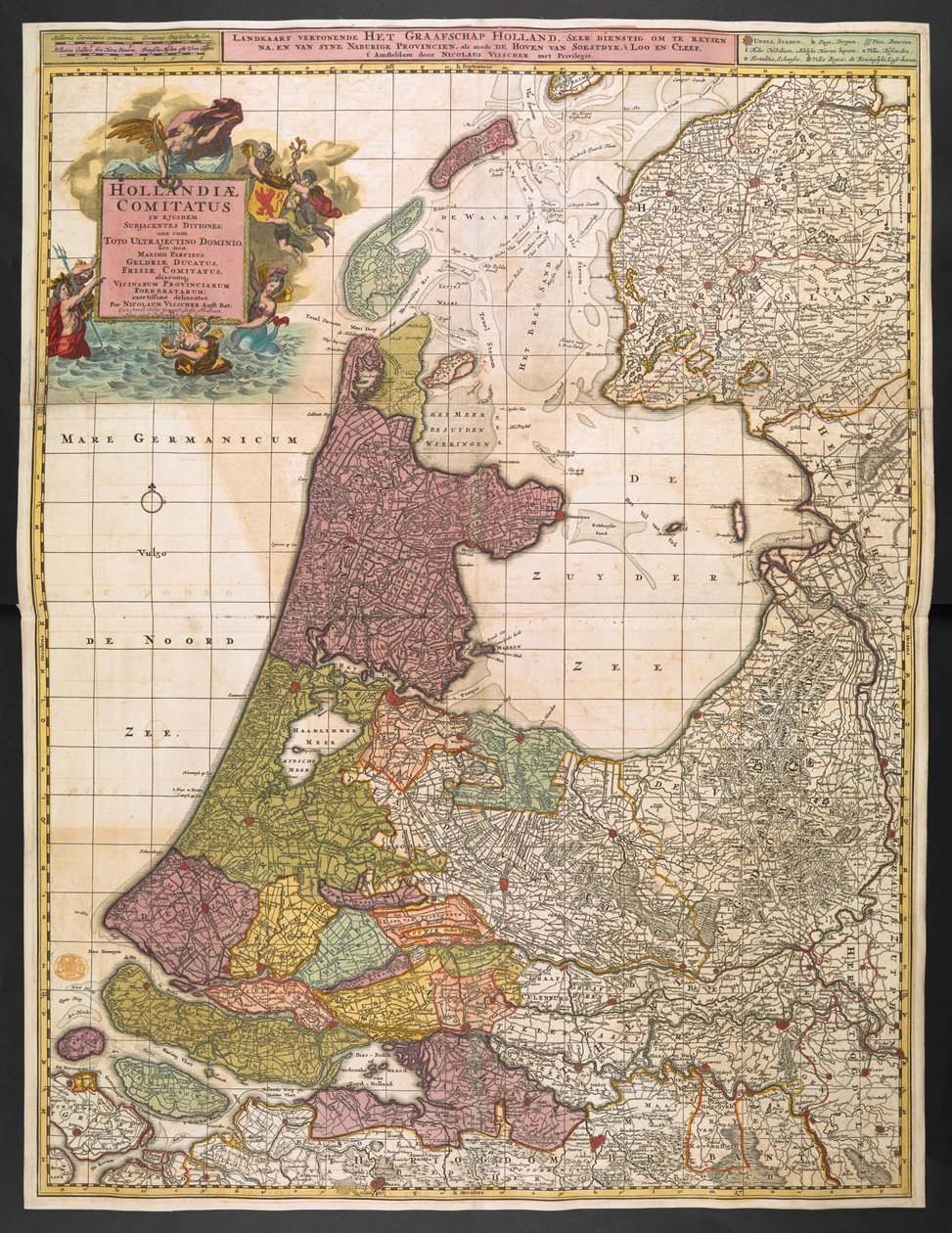 Mapa Holandska, zobrazující osady, močály, lesy, kopce, silnice, řeky a další zeměpisné prvky, kolem roku 1710 (barevné rytí) od Nicolaes the Elder Visscher