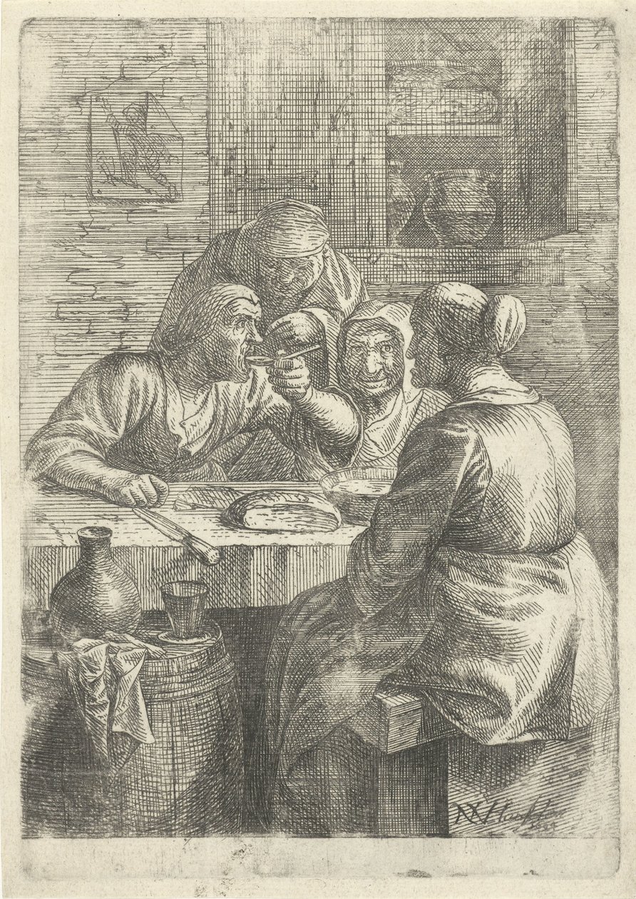 Tři staré ženy jedí u stolu od Nicolaes van Haeften