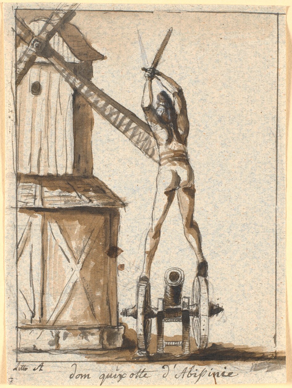 Don Quijote, stojící na dělu, s mečem zvednutým proti čepeli mlýna od Nicolai Abildgaard