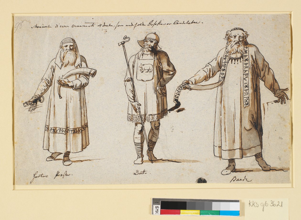 Studie kostýmů. Asi do divadla. Tři postavy, kněz z Herty, drot a bard od Nicolai Abildgaard