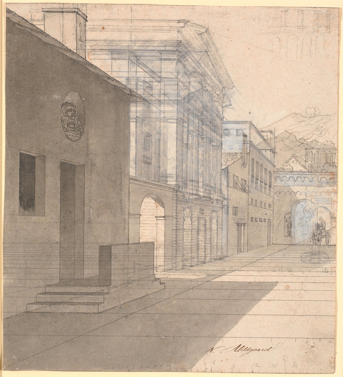 Perspektivní studie architektury na obrazu porodní báby odcházející z Androspigenova domu od Nicolai Abildgaard