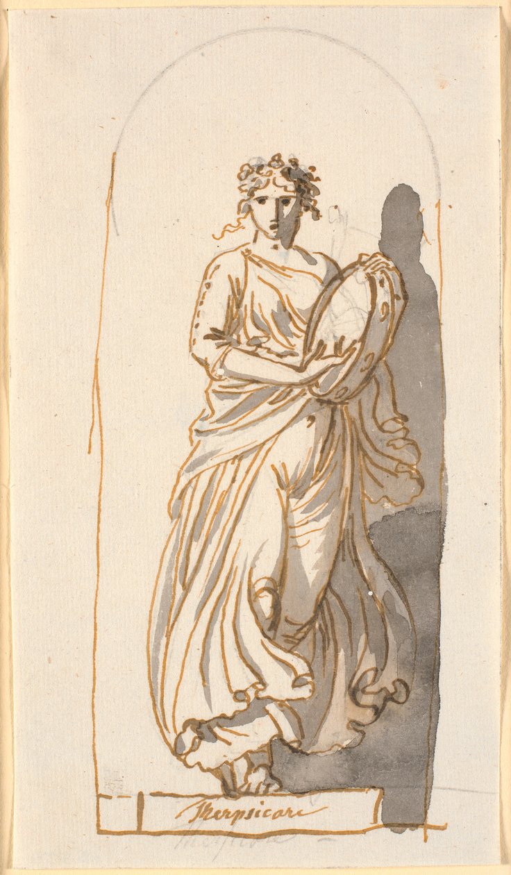 Terpsichore, múza tance, jako socha ve výklenku od Nicolai Abildgaard