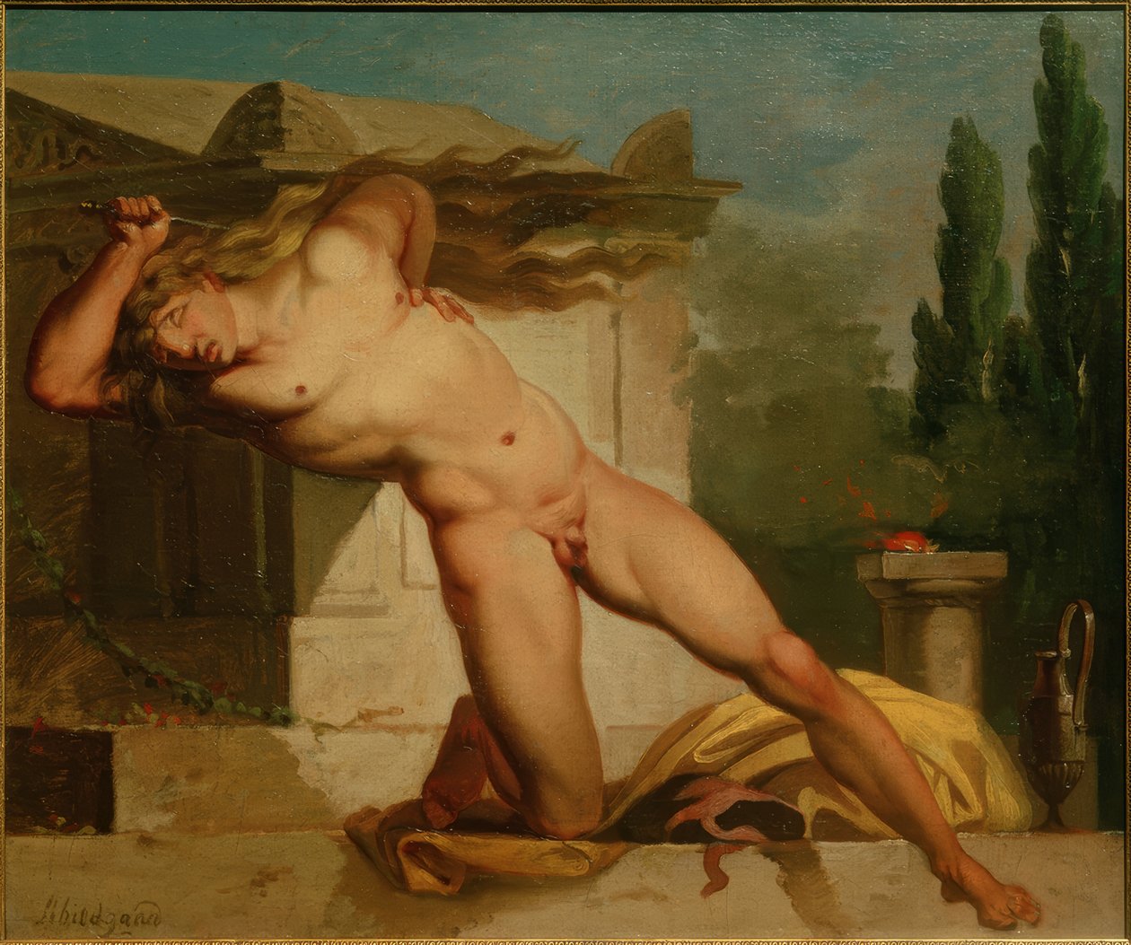 Adrastos se zabije u hrobu Atyse od Nicolai Abraham Abildgaard