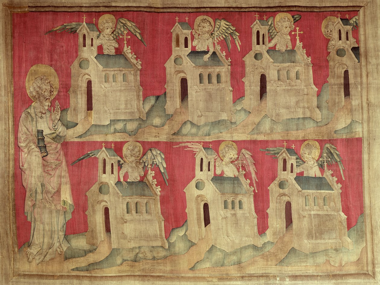 Svatý Jan a sedm asijských církví, č. 2 z „Apokalypsy hněvu“, 1373-87 (tapisérie) od Nicolas Bataille