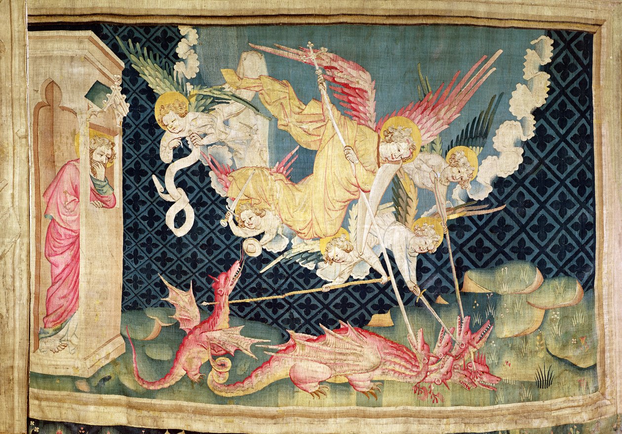 Svatý Michael a jeho andělé bojující s drakem, č. 36 z "Apokalypsy z Angers", 1373-87 (tapiserie) od Nicolas Bataille