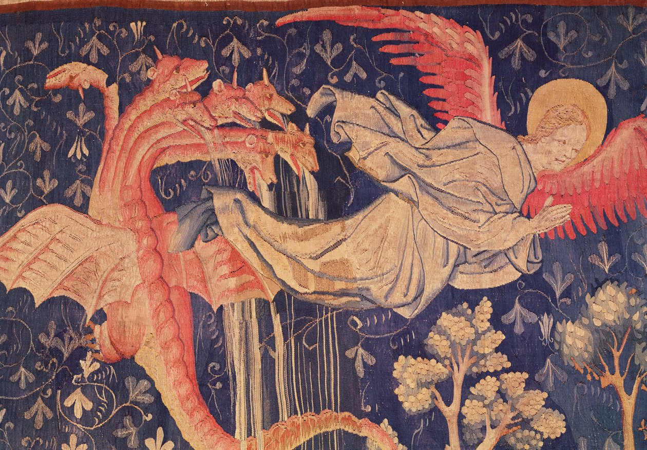Drak pronásleduje ženu, detail draka plivajícího vodu, z tapisérie Apocalypse of Angers, 1373-87 od Nicolas Bataille