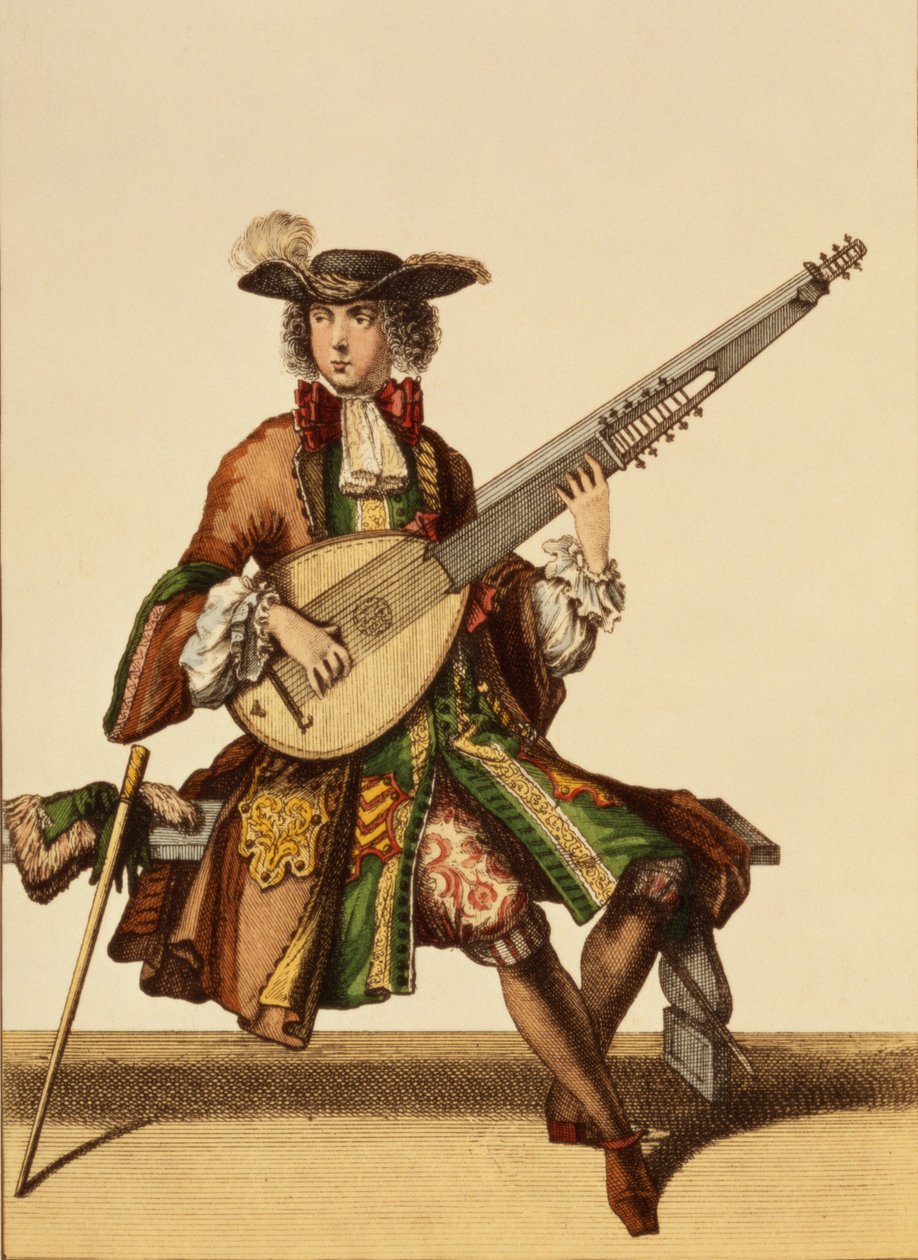 Gentleman Playing the Angelica, módní deska, kolem roku 1695 od Nicolas Bonnart