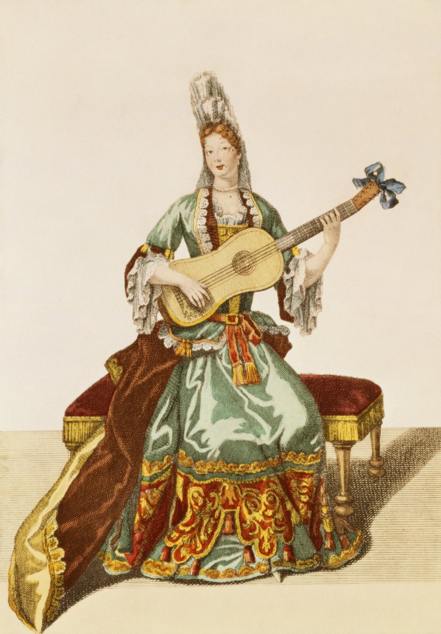 Kvalitní dáma hrající na kytaru, módní talíř, cca 1695 od Nicolas Bonnart