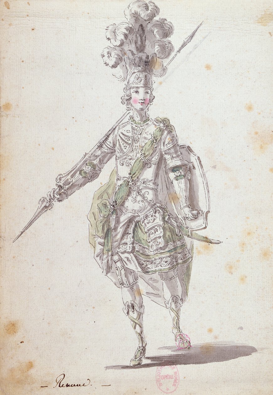 Kostým pro Rinalda v opeře „Rinaldo a Armida“ provedené v roce 1761 (pero a inkoust a wc mytí na papíře) od Nicolas Boquet