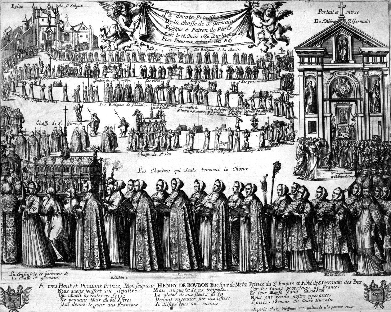 Procesí svatyně St. Germain a dalších z opatství Saint-Germain-des-Prés do kostela Saint-Sulpice, Paříž, kolem roku 1652 od Nicolas Cochin
