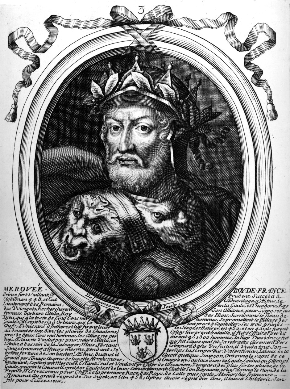 Portrét Merovecha († 456) krále salianských Franků, z „Les Augustes Representations de tous les Rois de France“, 1714 od Nicolas II de Larmessin