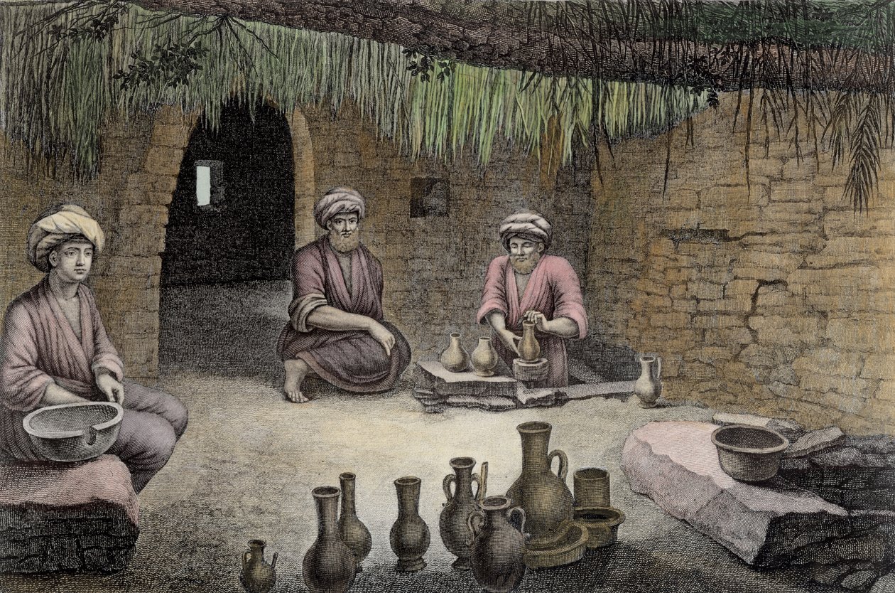 Interiér hrnčířské dílny, ze svazku II Umění a řemesla knihy "Popis Egypta", vyryl C. F. Letellier, vydáno na Napoleonův příkaz, 1822 (pozdější kolorování). od Nicolas Jacques Conte