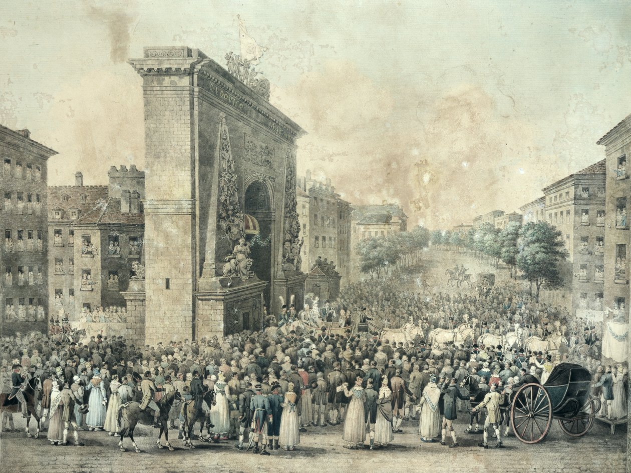 Vjezd Ludvíka XVIII (1755-1824) přes Porte Saint-Denis, 1814 (pero, tuš a čb na papíře) od Nicolas Joseph Vergnaux