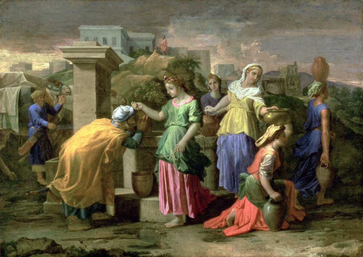 Eliezer a Rebecca u studny, kolem 1660-65 od Nicolas Poussin