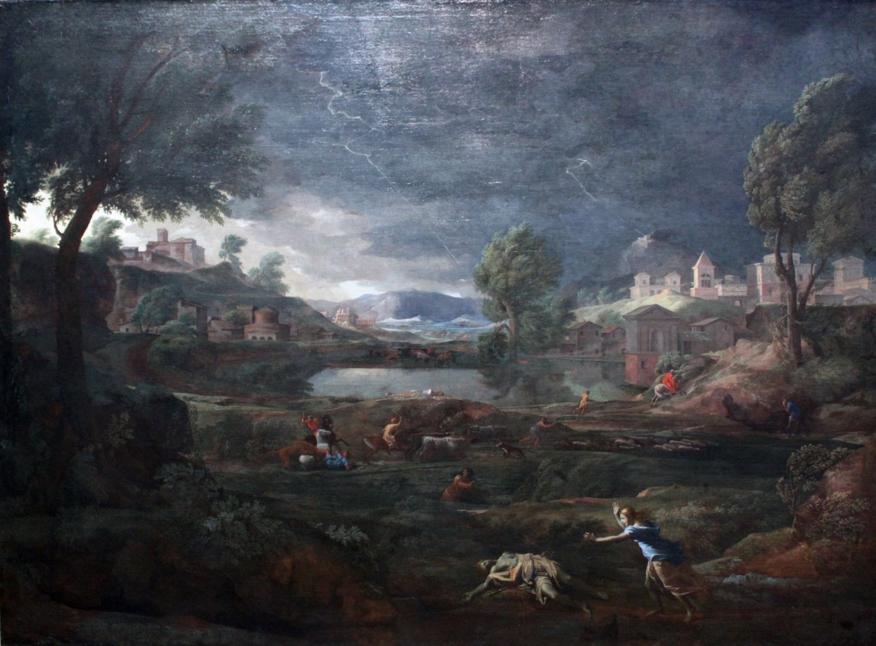 Krajina během bouřky s Pyramem a Thisbem od Nicolas Poussin