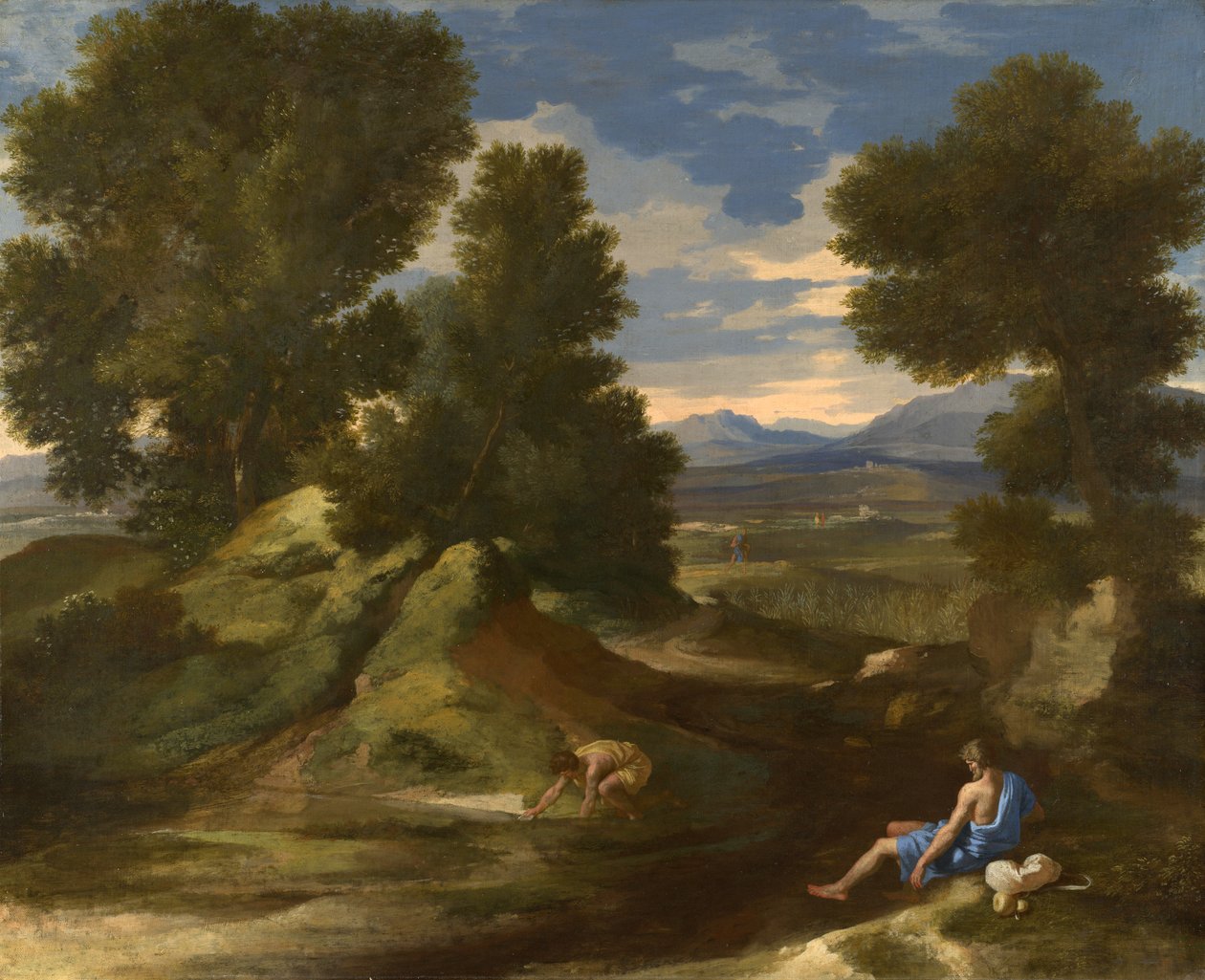 Krajina s mužem, který nabírá vodu z potoka, kolem roku 1637 od Nicolas Poussin