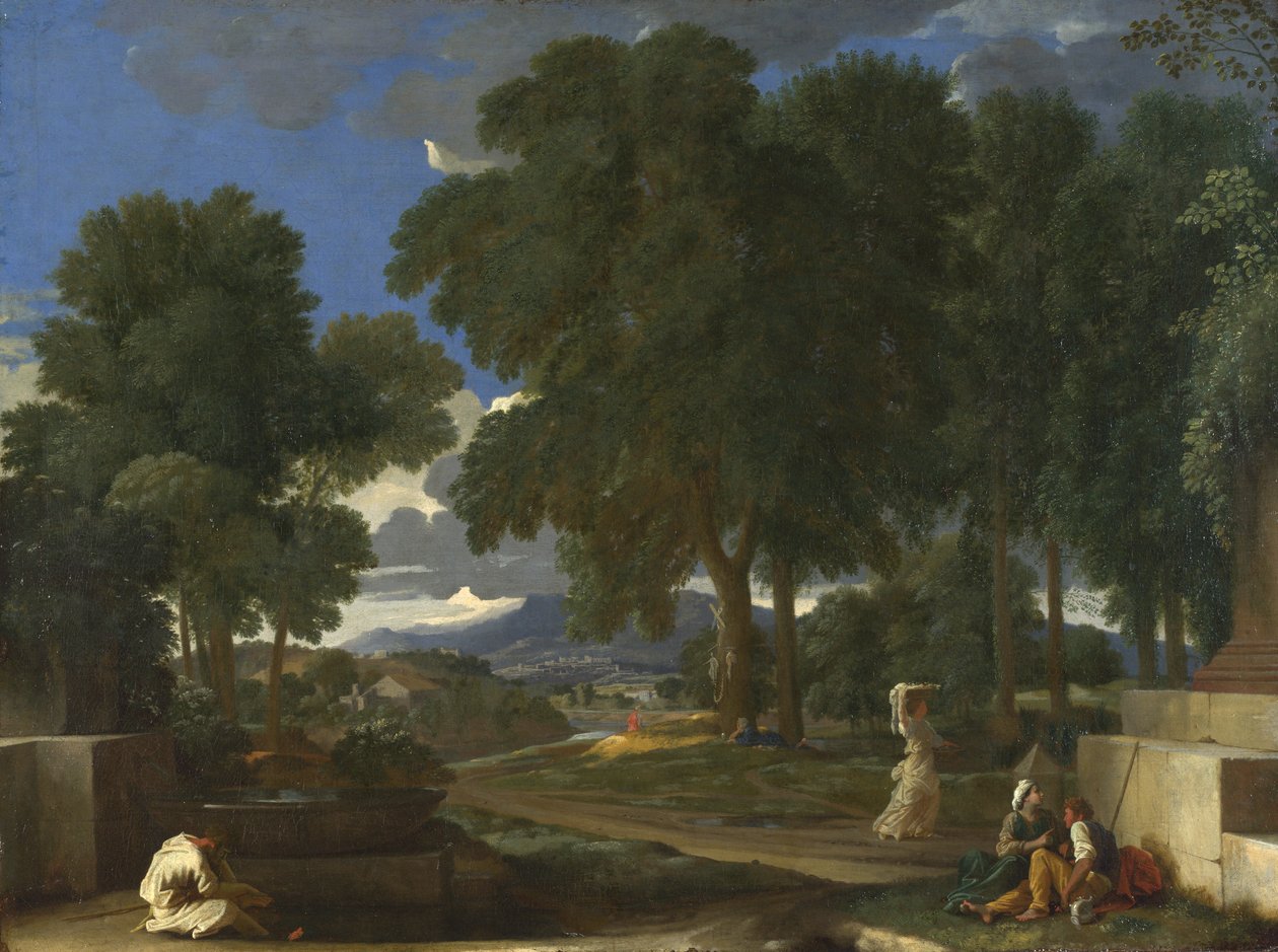 Krajina s mužem, který si myje nohy u fontány, 1648 od Nicolas Poussin