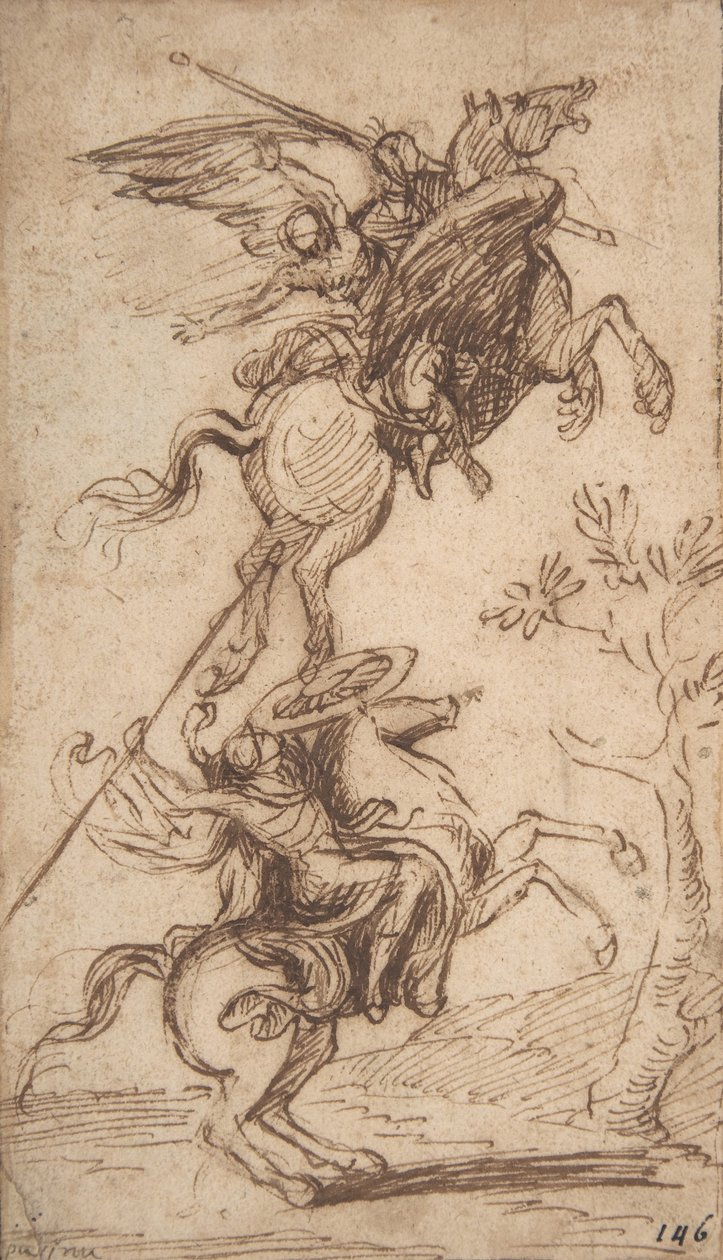 Čaroděj Atlante unáší Pinabellovu dámu (Ariosto, Orlando Furioso, canto II, 38), asi 1635-38 (pero a hnědý inkoust) od Nicolas Poussin