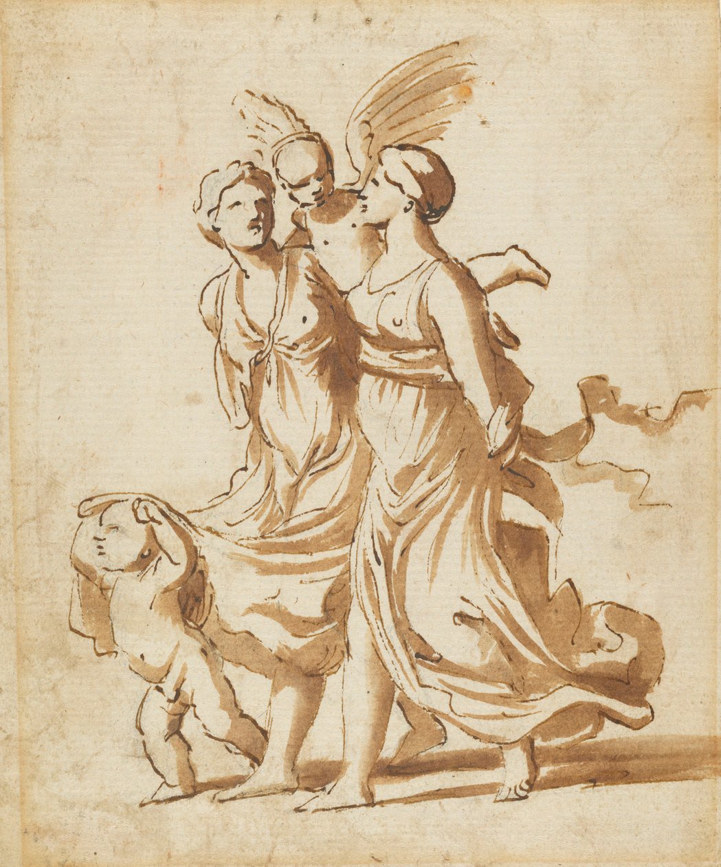 Dvě dívky v doprovodu Cupida, c.1625 od Nicolas Poussin