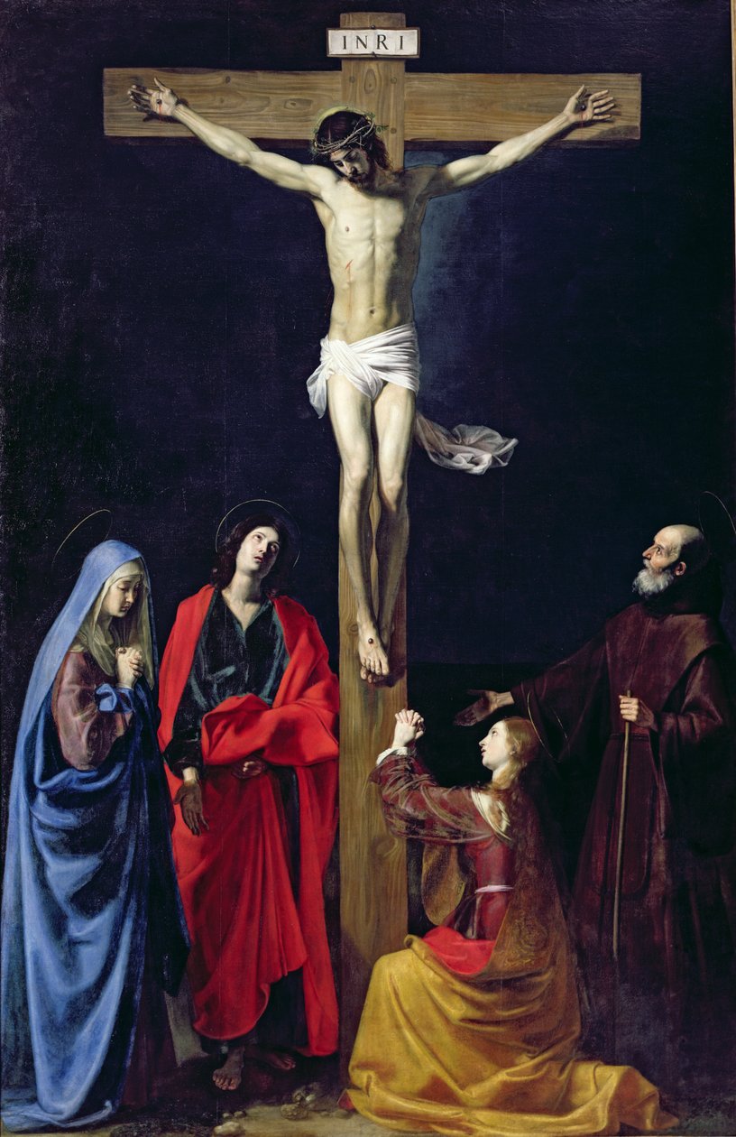 Kristus na kříži s Pannou Marií, Marií Magdalénou, svatým Janem a svatým Františkem z Paoly od Nicolas Tournier