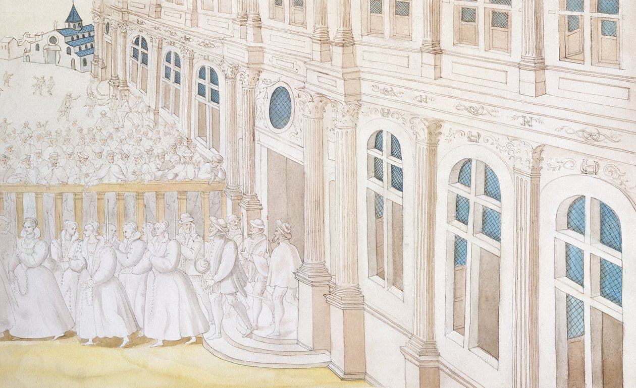 Průvod královny Louise de Lorraine-Vaudemont (1553-1601) Odcházející z Palais du Louvre do Maison de Charite, 1584 (pero, inkoust a wc na papíře) od Nicolas attr. to Houel
