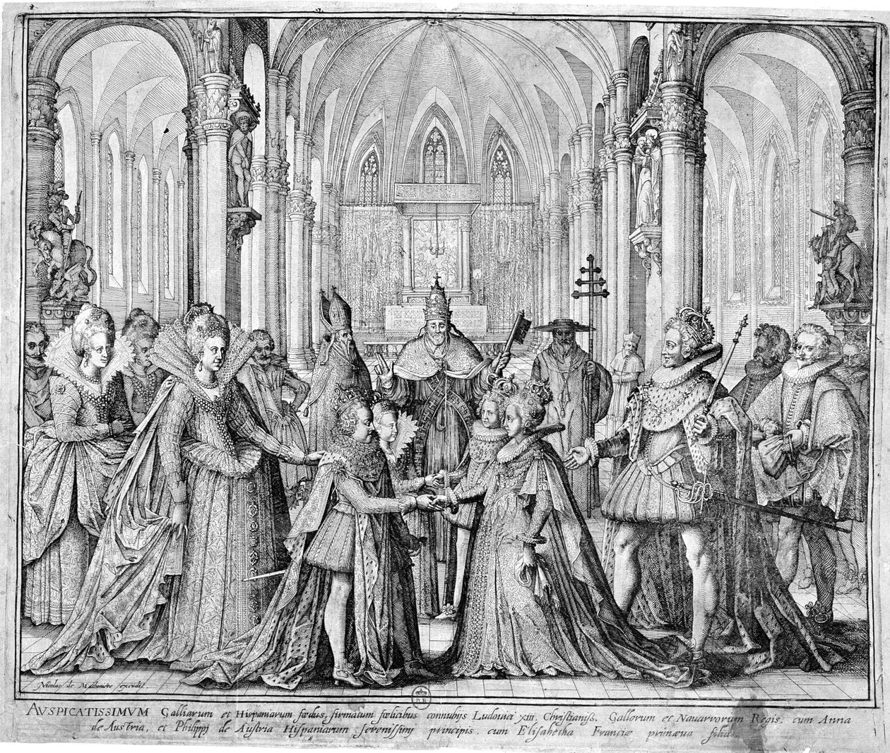 Dvojí sňatek v roce 1615 Ludvíka XIII (1601-43) s Annou Rakouskou (1601-66) a Filipa Rakouského (1605-65) budoucího Filipa IV. španělského s Alžbětou Francouzskou (1602-44) od Nicolas de Mathoniere