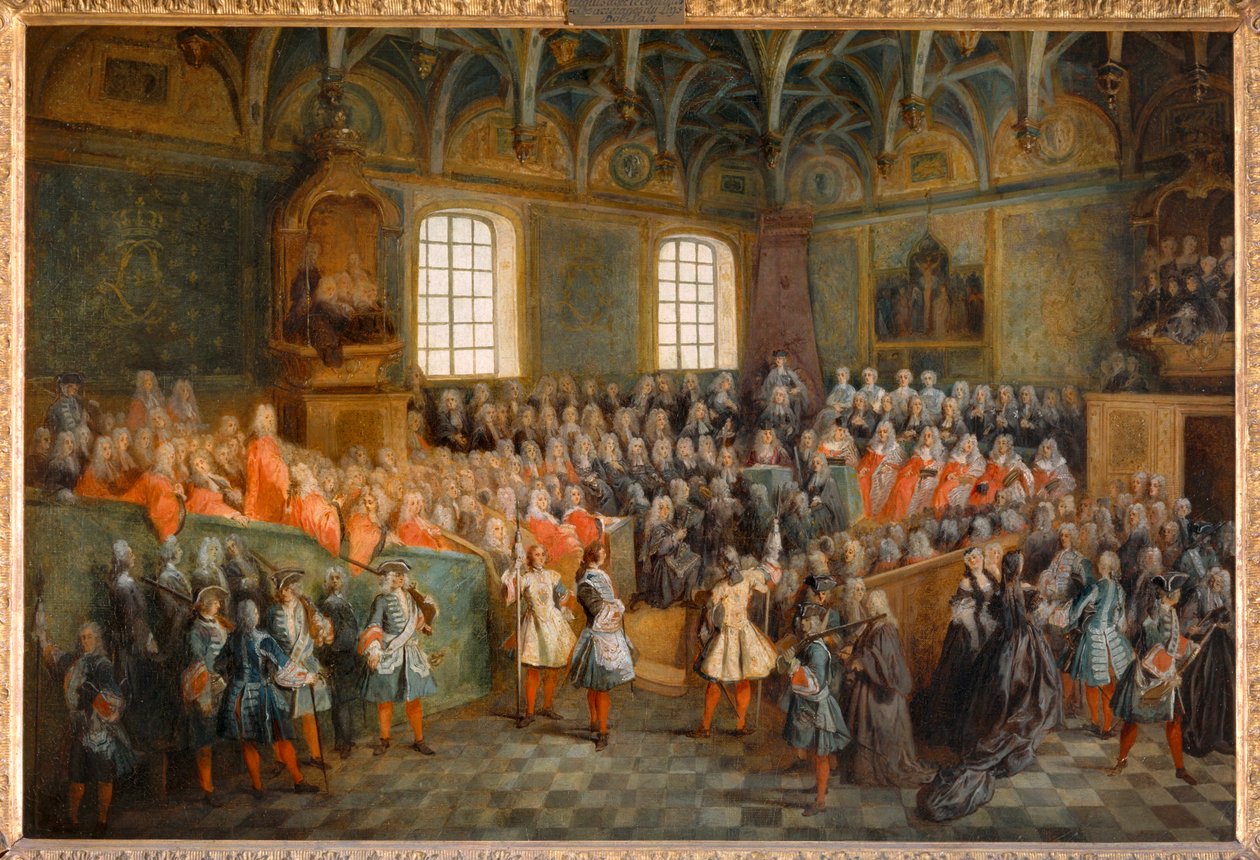 Zasedání Soudního dvora (Lit de Justice), které se konalo v Parlamentu dne 22. února 1723 ... od Nicolas (attr. to) Lancret