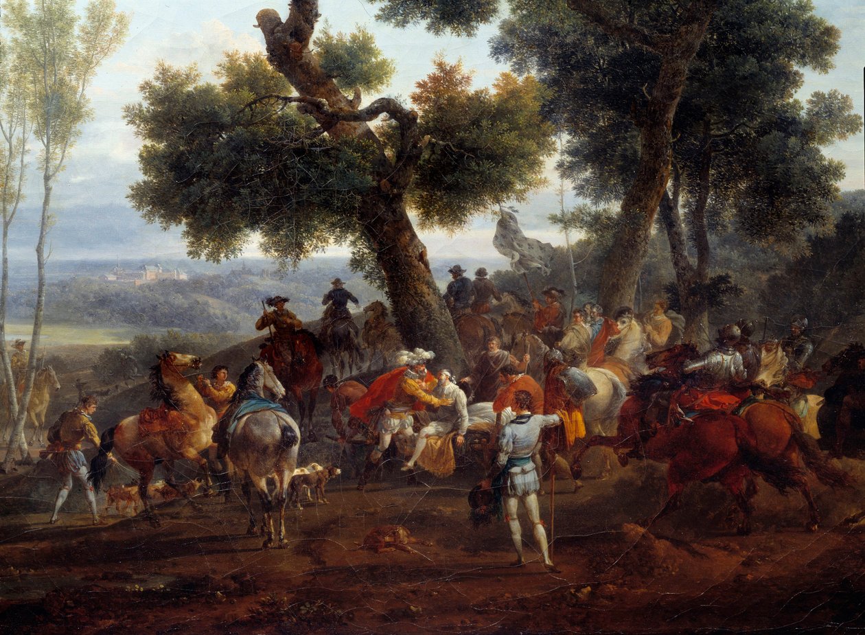 Válka náboženství: „“ Setkání francouzského krále Jindřicha IV. (1553-1610) a Sullyho po bitvě u Ivry v roce 1590““ V bitvě u Ivry dne 14. 3. 1590 zvítězila královská armáda proti katolická liga. Maxmilián z Bethune, vévoda ze Sully (1 od Nicolas Antoine Taunay
