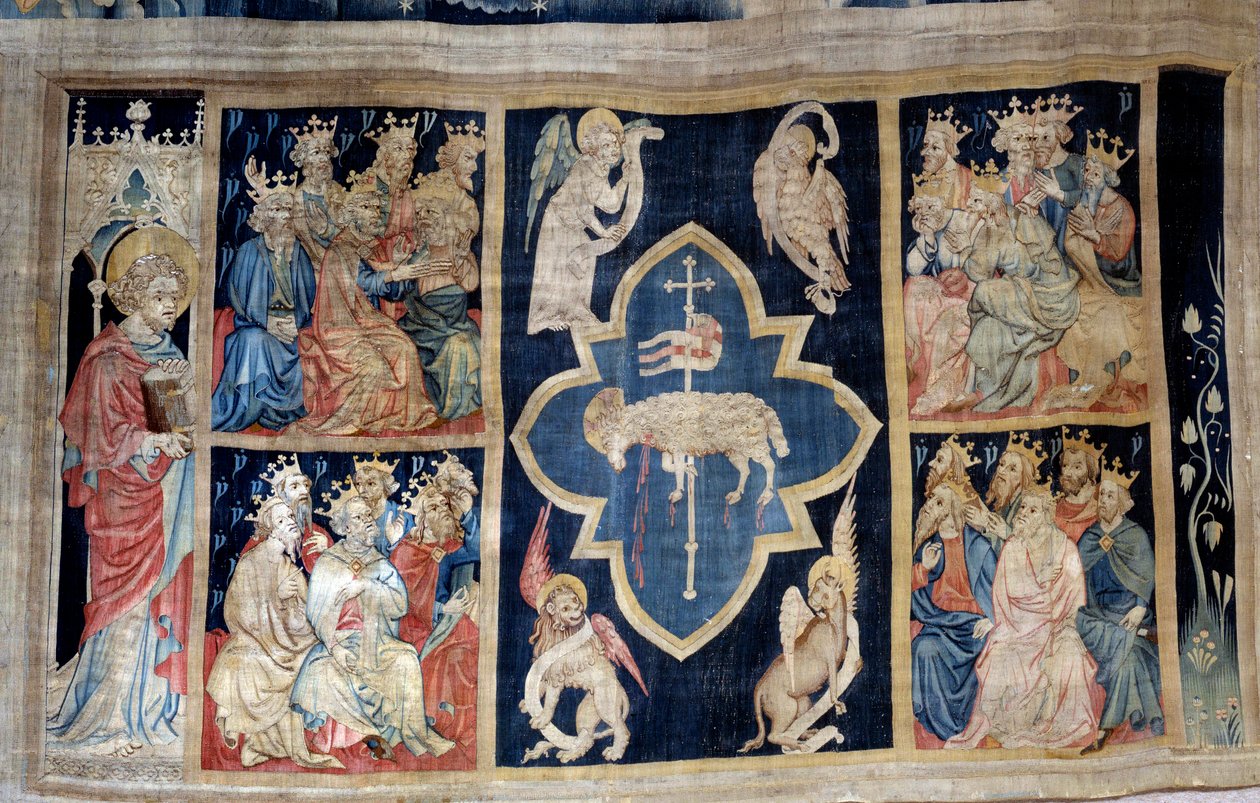 Opona zjevení (1373-1383), n. 7: Starší vzdávají slávu beránku, symbolu Krista. Tapiserie od Nicolase Bataille (1330-1405) od Nicolas Bataille