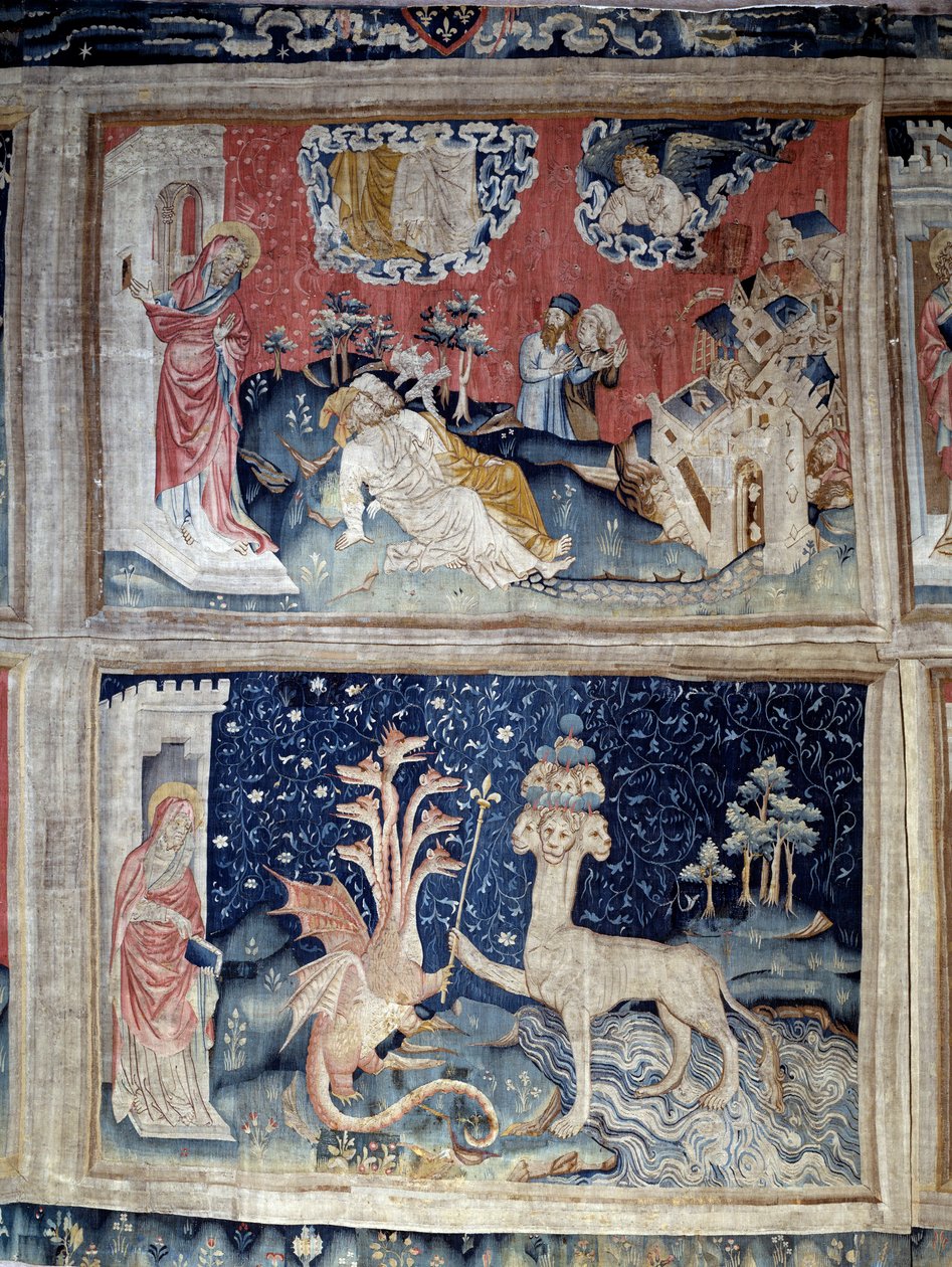 Opona zjevení (1373 -1383). Nejvyšší číslo 31: Jean překvapená vzkříšením dvou přátel. Č. 38 dole: drak dává královské žezlo panterovi (projev satana). Tapiserie od Nicolase Bataille (1330-1405) od Nicolas Bataille
