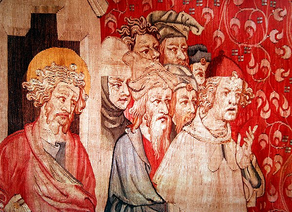 Detail mužů, kteří poslouchají anděla předpovídajícího své mučení, z "The Apocalypse of Angers", 1373-87 od Nicolas Bataille