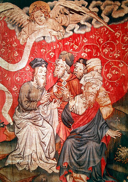 Detail anděla přinášejícího mužům evangelium, ne. 49 z Apokalypsy z Angers, 1373-87 od Nicolas Bataille