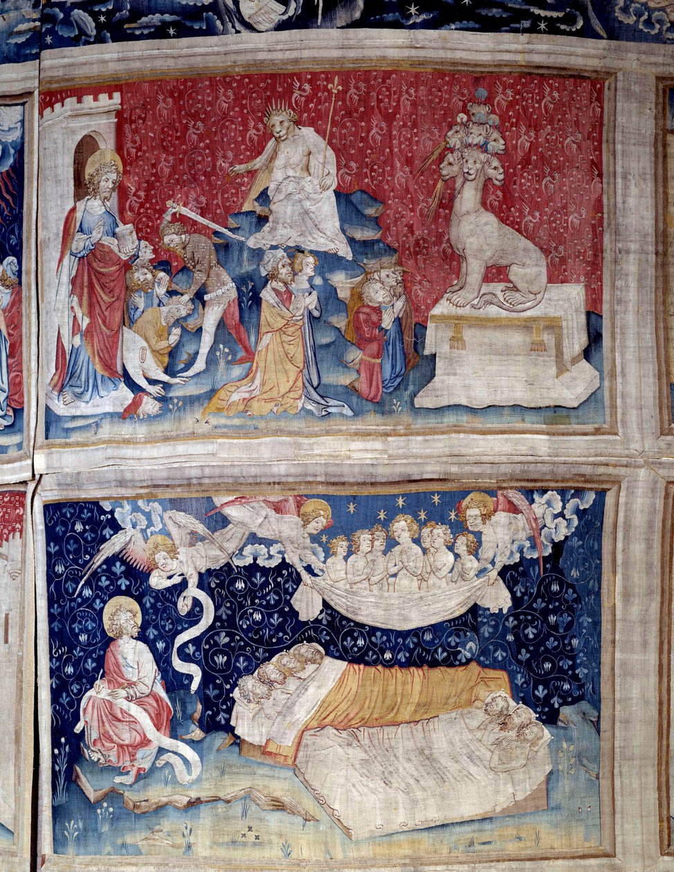 Pověšení zjevení (1373-1383). N. 44 vysoká: bete má sedm hlav. N. 51 nízký: Spánek spravedlivých. Tapiserie od Nicolase Bataille (1330-1405) od Nicolas Bataille