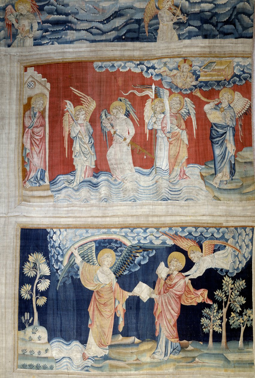Vising of Revelation (1373-1383), n. 25: šestá polnice, andělé Eufratu. Níže, n. 28, anděl předá knihu svatému Janovi, který ji pohltí. Tapiserie od Nicolase Bataille (1330-1405) od Nicolas Bataille