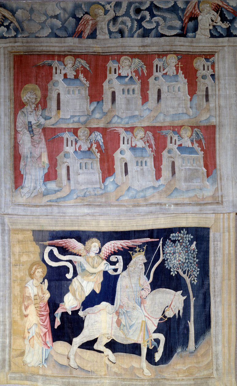 Vising of Revelation (1373-1383), n. 28: Svatý Jan Patmos a sedm kostelů Asie a níže První pečeť: Vítěz s bílým koněm. Tapiserie od Nicolase Bataille (1330-1405) od Nicolas Bataille