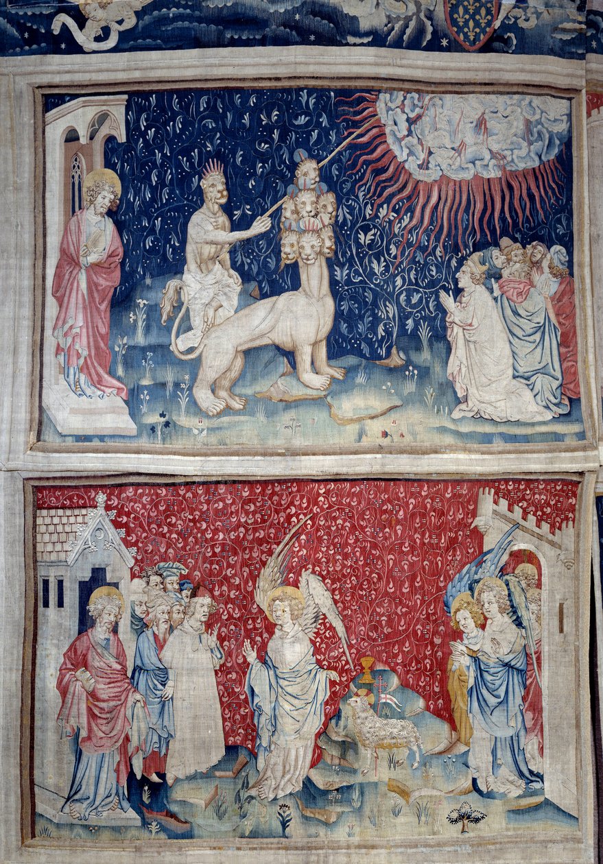 Vising of Revelation (1373-1383), n. 44: Bete země způsobuje pád ohně z nebe. Níže, n. 51, třetí anděl a beránek. Tapiserie od Nicolase Bataille (1330-1405) od Nicolas Bataille