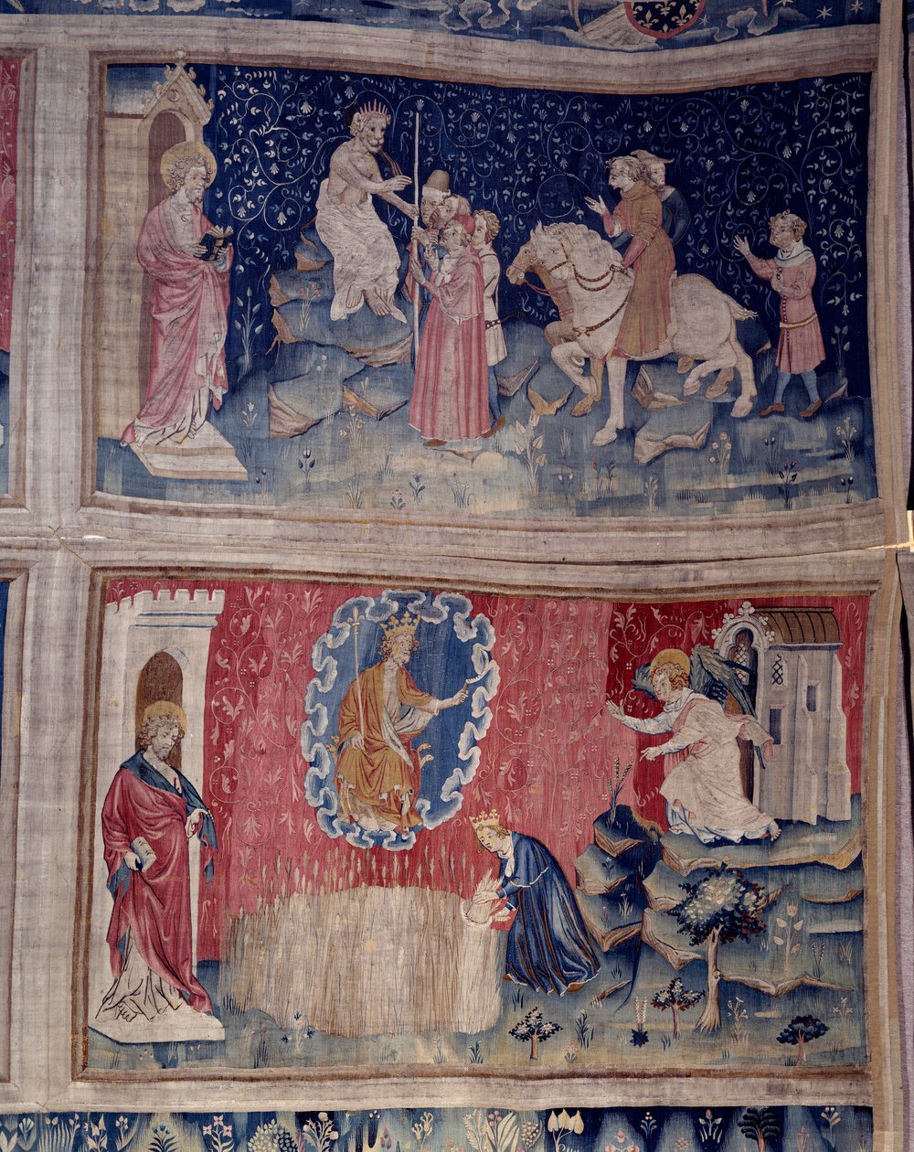 Vising of Revelation (1373-1383), n. 46: Bete přináší své číslo všem: 666. Níže č. 53, sklizeň vyvolených. Tapiserie od Nicolase Bataille (1330-1405) od Nicolas Bataille