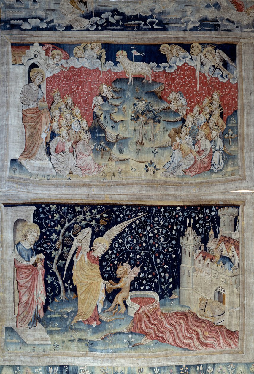 Vising of Revelation (1373-1383), n. 47: Beránek na hoře Sion. Níže, n. 55, Anděl zvedne vinnou révu země, která se nalila do velké kádě Božího hněvu, káď přeteče a krev repanduje. Tapiserie od Nicolase Bataille (1330-1405) od Nicolas Bataille