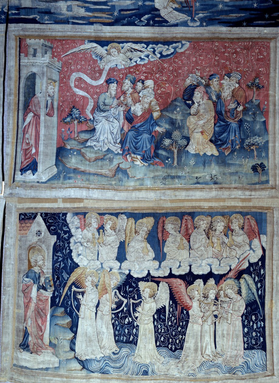 Vising of Revelation (1373-1383), n. 49: první anděl oznamuje vítězství. Níže, n. 56, sedm andělů nese sedm nádob Božího hněvu. Tapiserie od Nicolase Bataille (1330-1405) od Nicolas Bataille