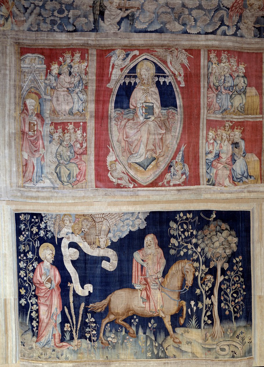 Vising of Revelation (1373-1383), n. 4: reprezentace Krista v majestátu (Ježíš Kristus ve slávě je znázorněn uvnitř mandorly) nebo tetramorfní. N. 9: červený kůň a válka. Tapiserie od Nicolase Bataille (1330-1405) od Nicolas Bataille
