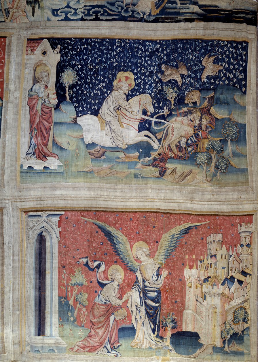 Vising of Revelation (1373-1383), n. 70: Slovo Boží nakládá řepu. N. 74: Svatý Jan před andělem a Jeruzalém Nový. Tapiserie od Nicolase Bataille (1330-1405) od Nicolas Bataille