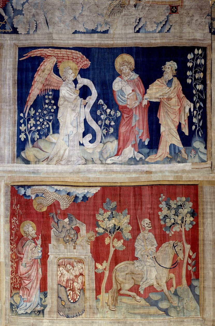 Vising of Revelation (1373 -1383), č. 6 a č. 10: č. 6 vysoká: John pláče, že nemůže otevřít knihu, starý muž konzolu; č. 10 nízké: Smrt za sebou zanechává místo utrpení). Tapiserie od Nicolase Bataille (1330-1405) od Nicolas Bataille