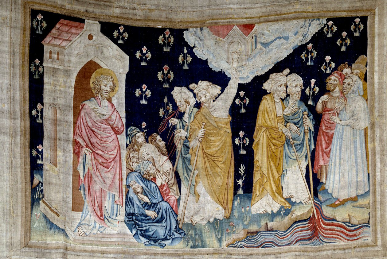 Vising of Revelation (1373 -1383), n. 28: zázrak. Boží služebníci a proroci Fidele se dívají na řeku proměněnou v krev. Tapiserie od Nicolase Bataille (1330-1405) od Nicolas Bataille