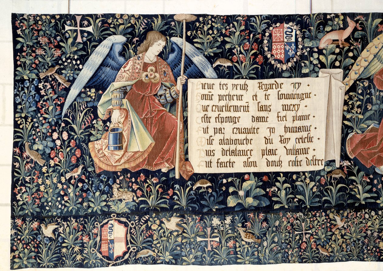 Vising of the Revelation (1373-1383), andělé nesoucí nástroje umučení. Tapiserie od Nicolase Bataille (1330-1405) od Nicolas Bataille