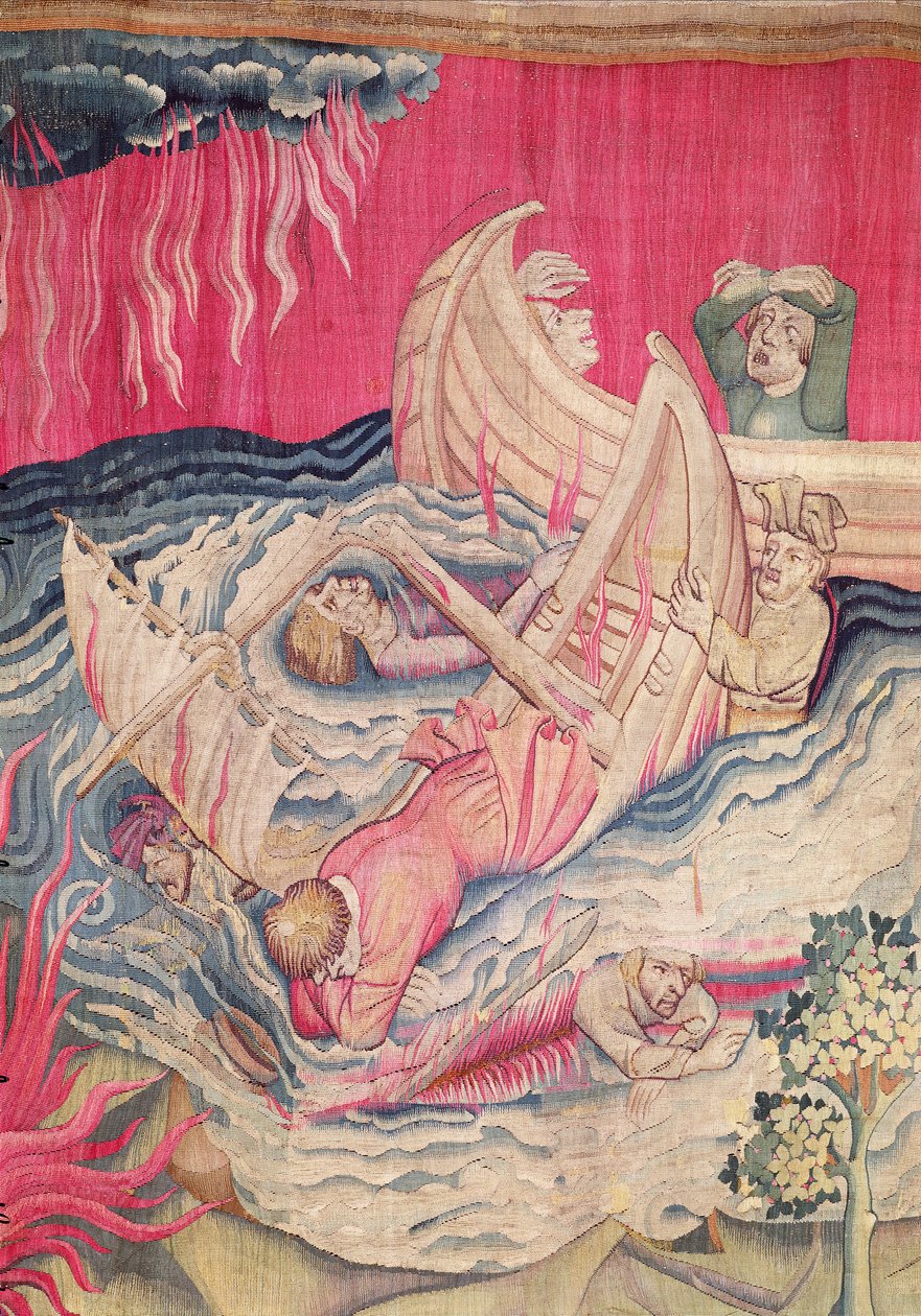 Druhá trubka a ztroskotání, detail potápějících se lodí, číslo 21 z The Apocalypse of Angers, gobelín 1373-87 od Nicolas Bataille