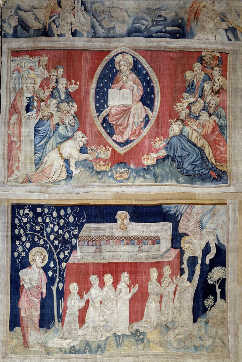 Opona Zjevení (1373-1383), n. 5: staří klaněli se před Kristem v majestátu (Ježíš Kristus ve slávě je znázorněn uvnitř mandorly). N. 11: duše mučedníků. Tapiserie od Nicolase Bataille (1330-1405) od Nicolas Bataille